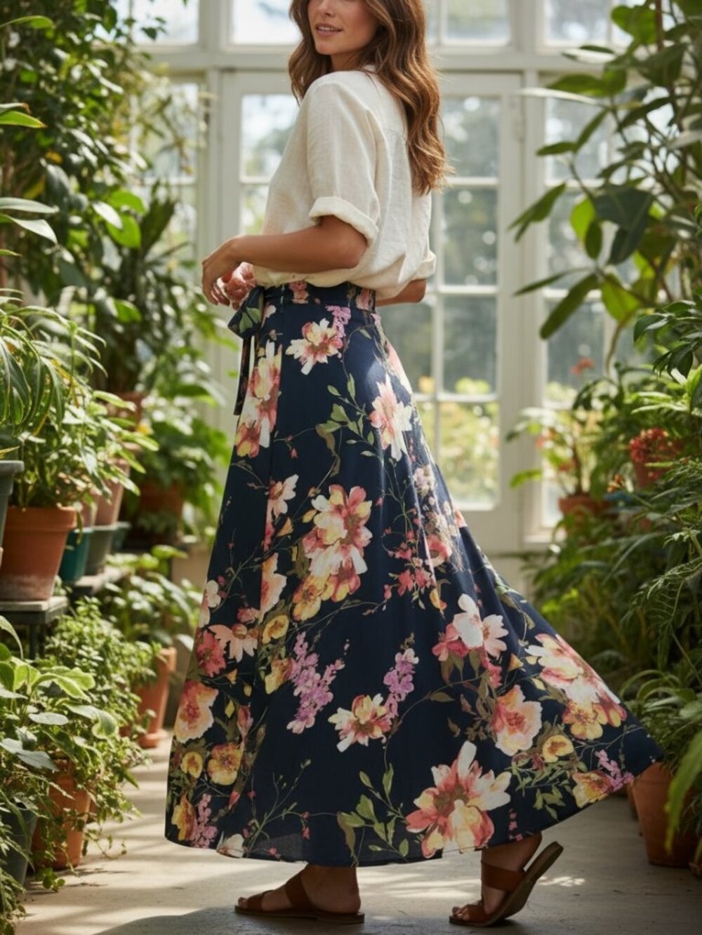 Navy Floral Maxi Skirt XS Tie Waist Boho 70s